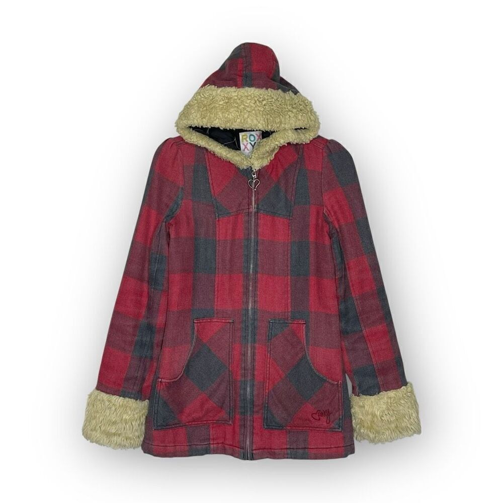 Roxy Red Buffalo Plaid Faux Fur Grunge Goth Emo Y2K Jacket Skate Size Small